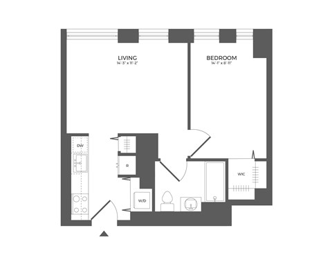 Floor plan for 1 bed, 1 bath, 544 sqft